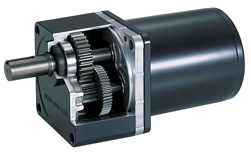 Photorealistic drawing of a gearhead motor. It is a normal DC motor, but with a gearbox attached over the shaft. The image shows a cutaway view of the gears, indicating how the sequence of gears steps down the speed of the motor to increase torque.