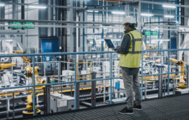 Car,Factory,Engineer,In,High,Visibility,Vest,Using,Laptop,Computer.