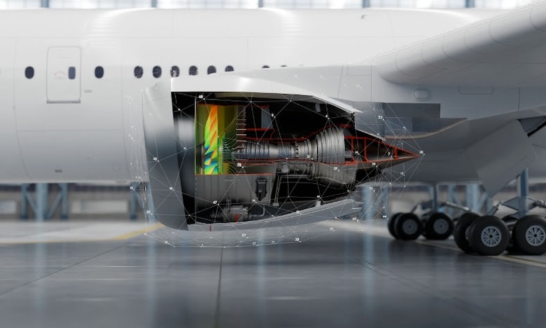 Inside an aircraft engine showing simulation graphics as part of a news release that Siemens acquires Altair Engineering.