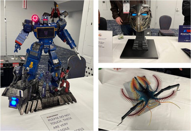 Three 3D printed projects on display at the 2023 AMUG Conference Technical Competition.